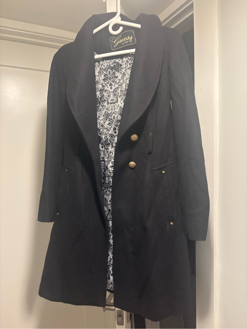Guess Black Double-Breasted Pea Coat with Gold Buttons - Picture 2 of 6
